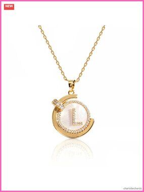 14K Gold Plated Initial Necklace Mother of Pearl Zircon Pendant
